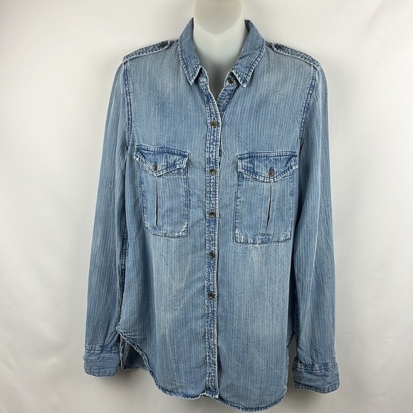 True Religion Military Women's‎ Shirt Blue Button Front Top Blouse Size S - Picture 3 of 11